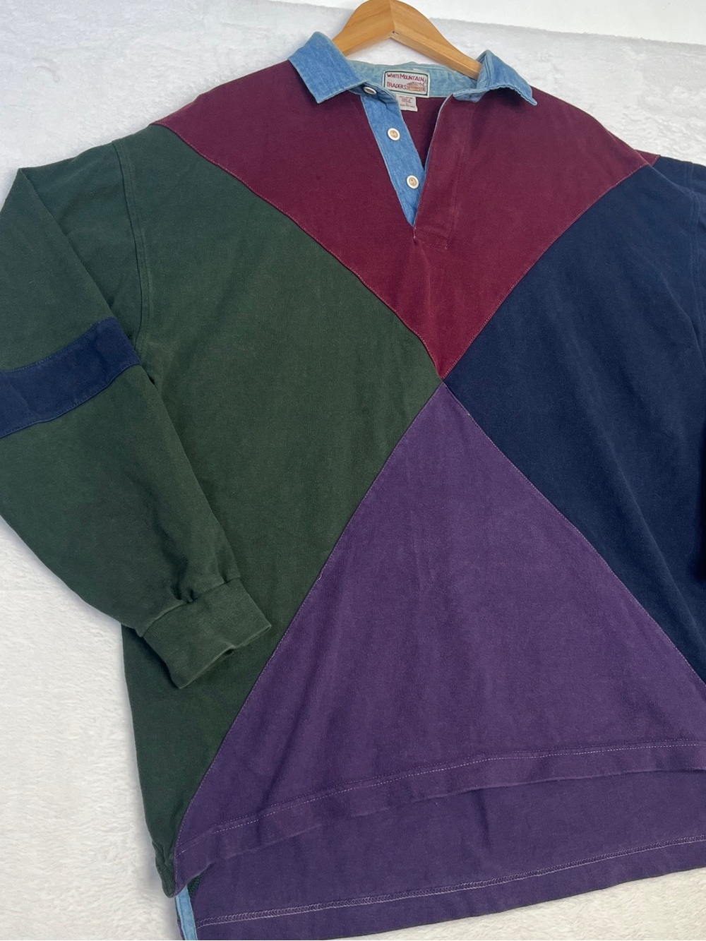 VTG White Mountain Traders Harlequin Multicolor Rugby Denim PoloShirt sz L 90s - Picture 2 of 11